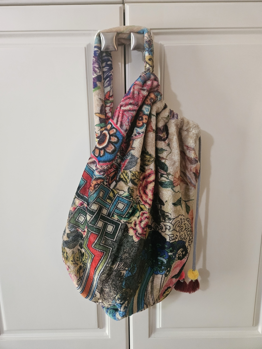Johnny Was Floral Plush Fleece Drawstring Hobo Shoulder Bag Boho Luxe Maximalist